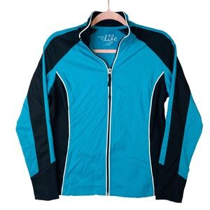 Made For Life Womens PS Petite Teal Black Colorblock Full Zip Athletic Jacket